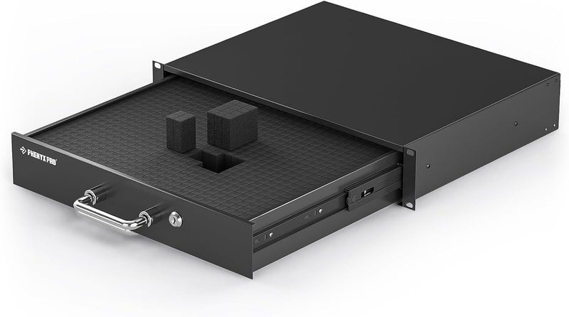 Phenyx Pro 2U Locking Rack Drawer, Metal Rack Mount Drawer w/Pre-Cut Foam, Sliding and Lockable Server Cabinet Case for 19 Inch AV/Network/DJ Equipment or Cabinet Enclosure (PRDWR-2U) - Image 1